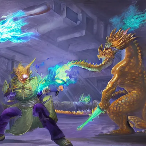 Prompt: ginger man in a purple t-shirt fights a fire breathing dragon in a room filled with dragon eggs, painted, by Hidetaka Miyazaki, high fantasy, concept art