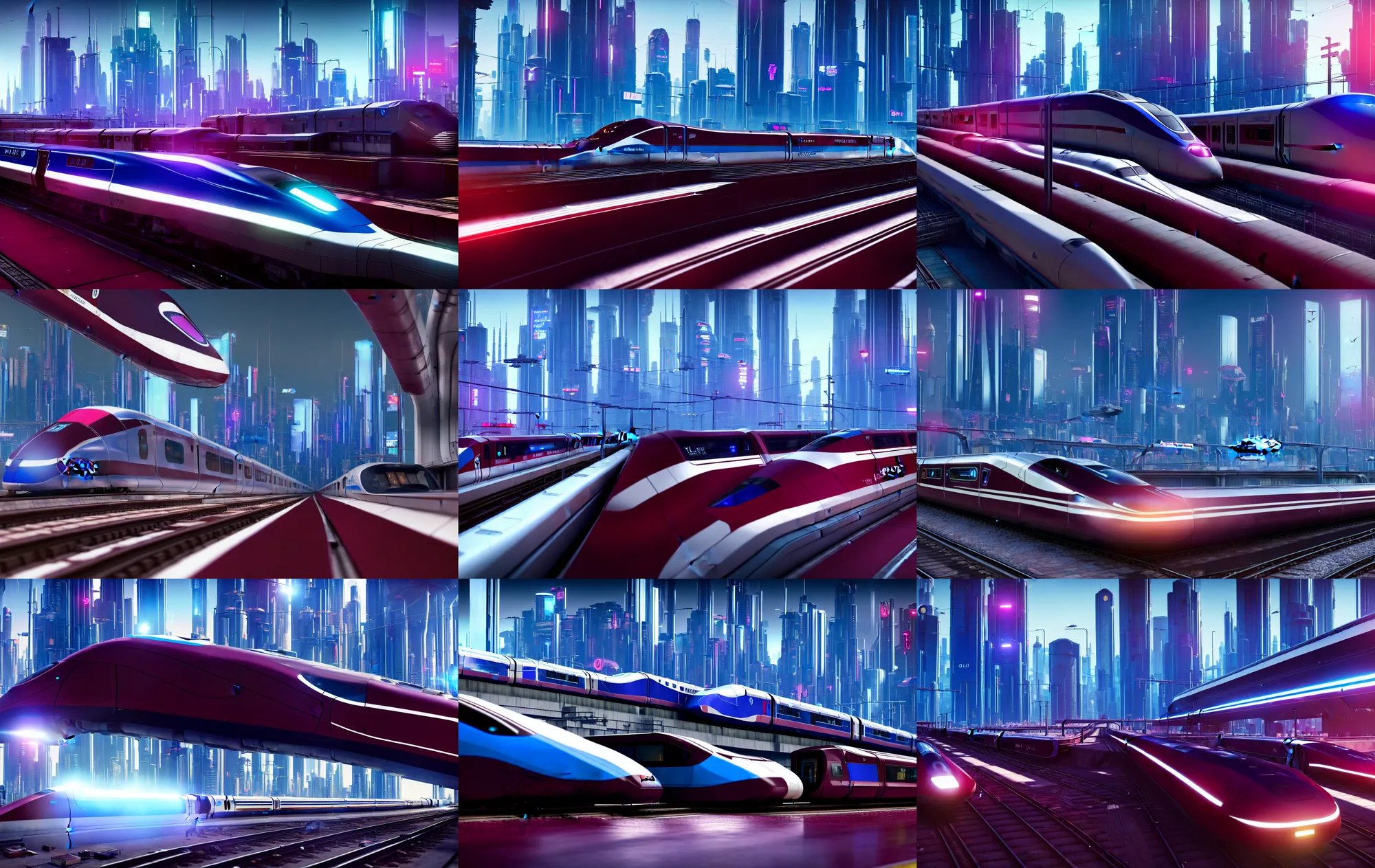 Prompt: modern concept art for a maglev train speeding though a city, soft lighting, 3d render, 8k, maroon and blue accents, metallic reflections, star citizen origin 100i, central train focus, close up, cyberpunk 2077, skyline in background.