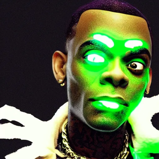 Image similar to soulja boy with glowing green magic, realistic