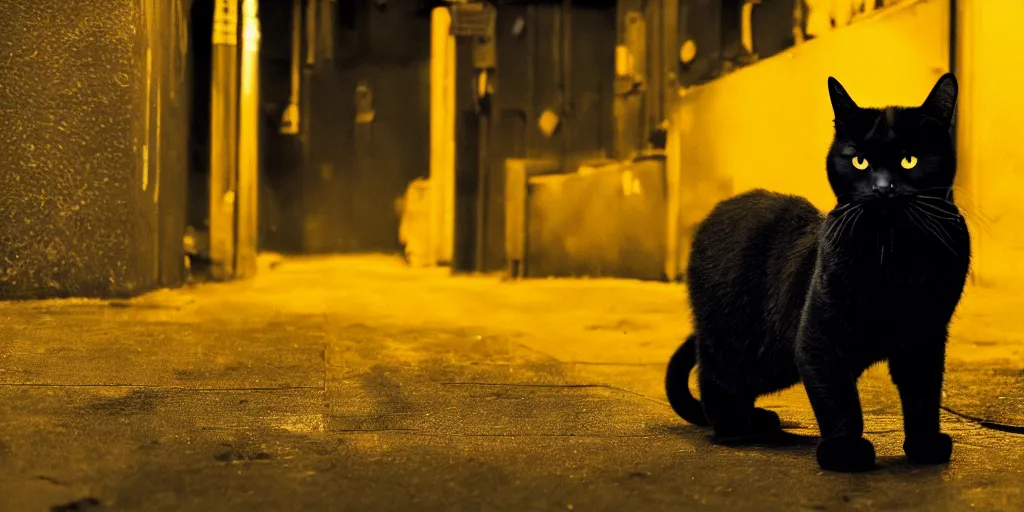 Image similar to a big black cat standing on the back paws and wearing yellow raincoat, cat is standing in the dark corner of a small badly lit street of a cyberpunk city