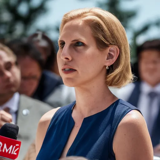 Prompt: press photo of annie leonhart on g 7 summit standing with other g 7 members, press conference, zeiss 1 5 0 mm, sharp focus, natural lighting, ultra realistic, high definition 4 k photo, g 7 summit press photos