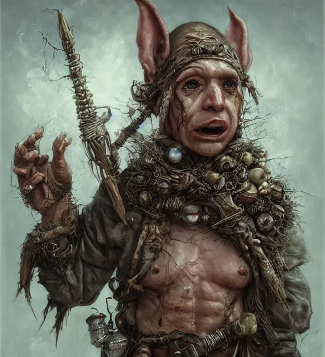 Prompt: hyper realistic portrait of postapocalyptic elf goblin death cult monk, glass beads, clay amulets, magic artifacts, trinkets, cinematic, symmetric, dark crystal, artstation, cgsociety, brian froud, alan lee, jean baptiste monge, scott radke