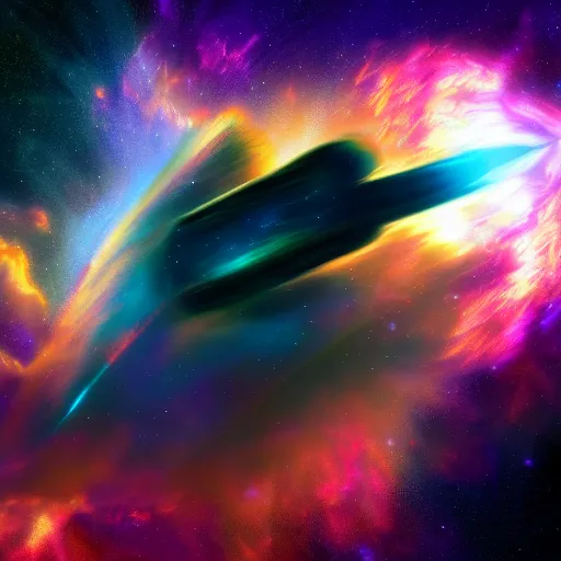 Image similar to a digital painting of a spaceship flying through a beautiful nebula, 8K, trending on art station, realistic, award winning