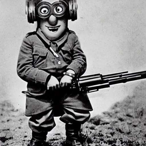 Image similar to old wartime photograph of minion from despicable me holding a lewis gun, 1 9 1 7