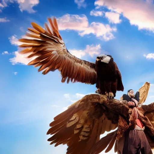 Image similar to cinematic photo of a giant eagle carrying away a person in a mascot costume, camera is looking up at the subject in the sky with fancy clouds behind