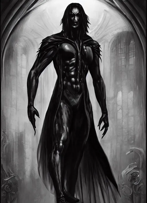 Prompt: elegant renaissance concept art of a male young muscular neo from matrix 1 as sandman from vertigo comics, the crow 1 9 9 4, full figure dynamic fighting pose, pale skin!, gothic, black overcoat, fantasy, intricate, highly detailed, digital painting, artstation, smooth, sharp focus, illustration, art by artgerm and greg rutkowski and alphonse mucha