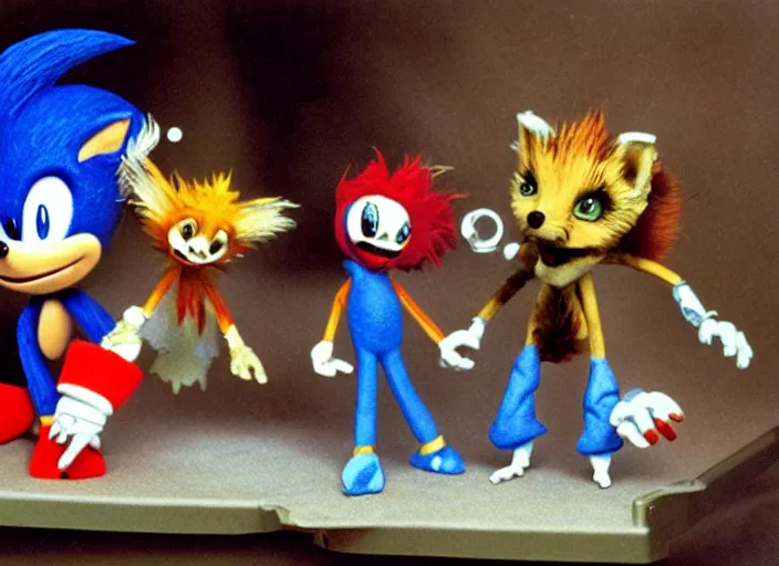 Image similar to still from a 1 9 9 2 live - action stop - motion puppetry tv show by tim burton starring sonic the hedgehog and tails and dr. robotnik and robotic animals in dioramas. everything is made of plasticine, fabric, and other physical materials. photographic ; realistic ; highly - detailed.