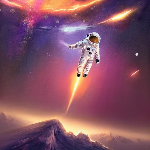 Prompt: a painting of an astronaut falling off a huge mountain into a lake of stars, 4K, artstation trending