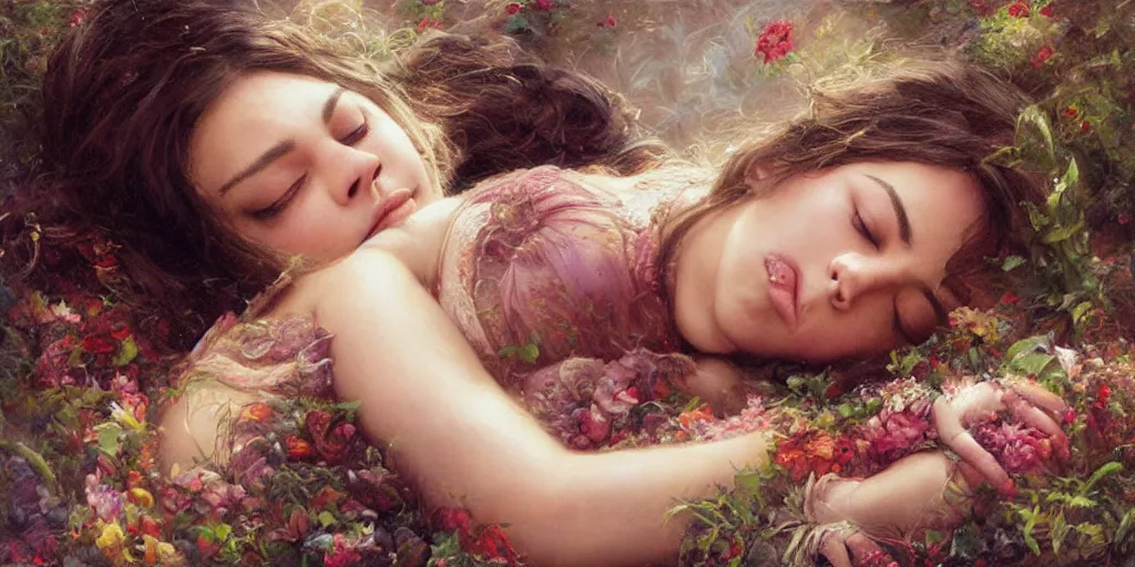 Image similar to Mila Kunis falling asleep, Lilia Alvarado, Sophie Anderson, Mark Arian, Bob Byerley, Charlie Bowater, Mark Brooks, Steve Henderson, Justin Gerard, Arthur Hughes, Edward Robert Hughes, Mark Keathley, Victor Nizovtsev, Carlos Shwabe, Ross Tran, WLOP