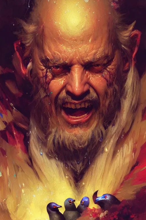 Image similar to an evil old wizard eating rainbow colored penguins, extreme close up insane face portrait dnd, painting by gaston bussiere, craig mullins, greg rutkowski, yoji shinkawa