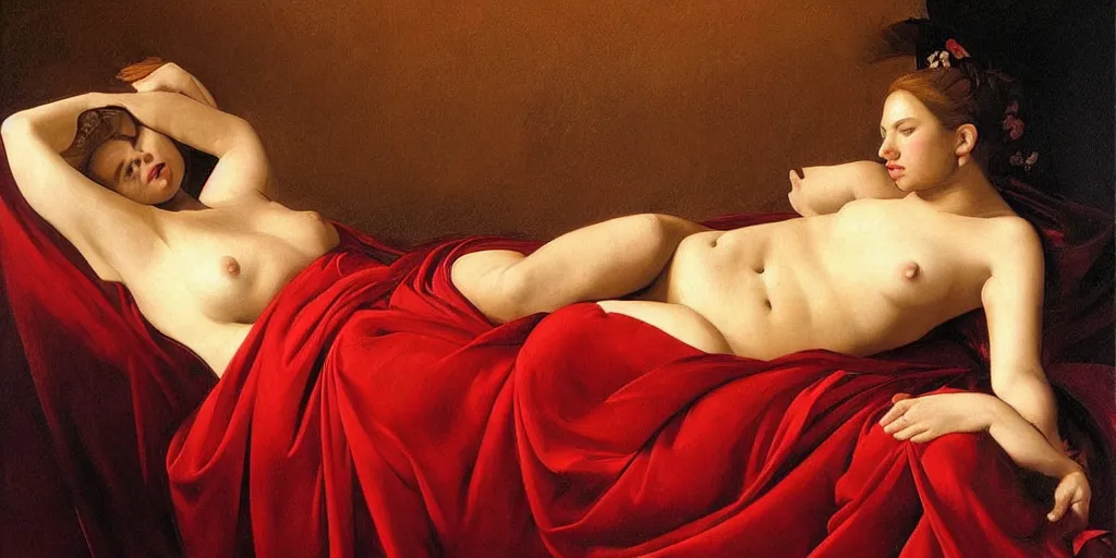 Prompt: beautiful oil matte portrait painting, women covered in red drapers lying on golden sheets, wonderful masterpiece highly detailed, beautiful cinematic light deep focus, elegant, digital painting, smooth, sharp focus, golden ratio, dramatic illumination, ultra realistic, 8 k, art by artemisia lomi gentileschi and caravaggio