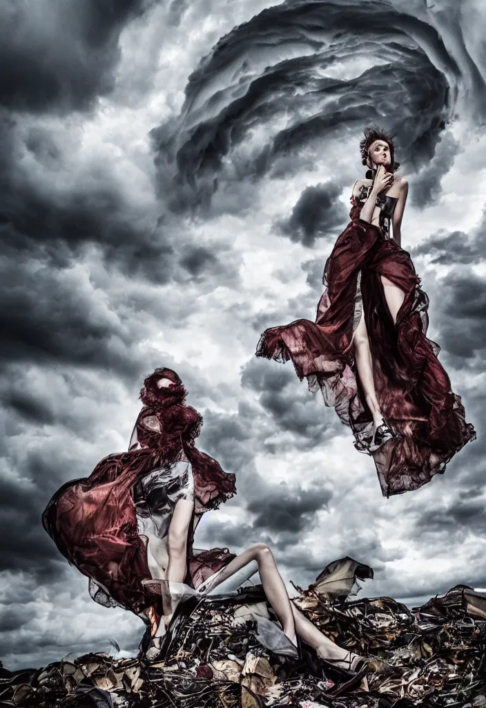 Image similar to fashion editorial in a tornado. wide angle shot. highly detailed.