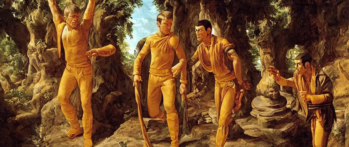 Prompt: a baroque painting of captain kirk and spock visiting an aztek temple in the jungle