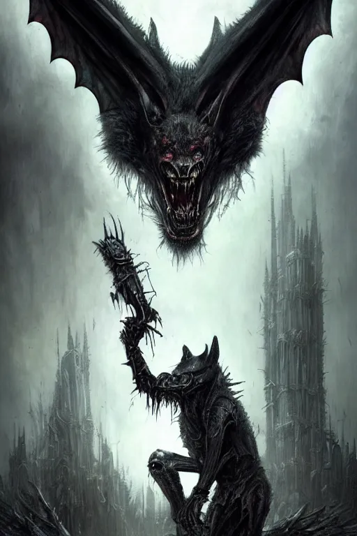 Image similar to portrait of a wolf ork bat hybrid by hr giger, greg rutkowski, luis royo and wayne barlowe as a diablo, resident evil, dark souls, bloodborne monster