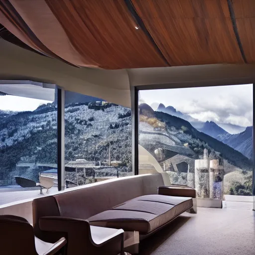 Image similar to by frank lloyd wright, zaha hadid, antonio gaudi, photorealism, hdr, photograph of a modern home set in the mountains, dramatic lighting, highly detailed,