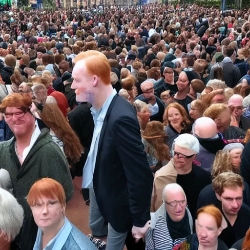 Image similar to a 7 foot tall, ginger, balding middle aged man walking among the crowd