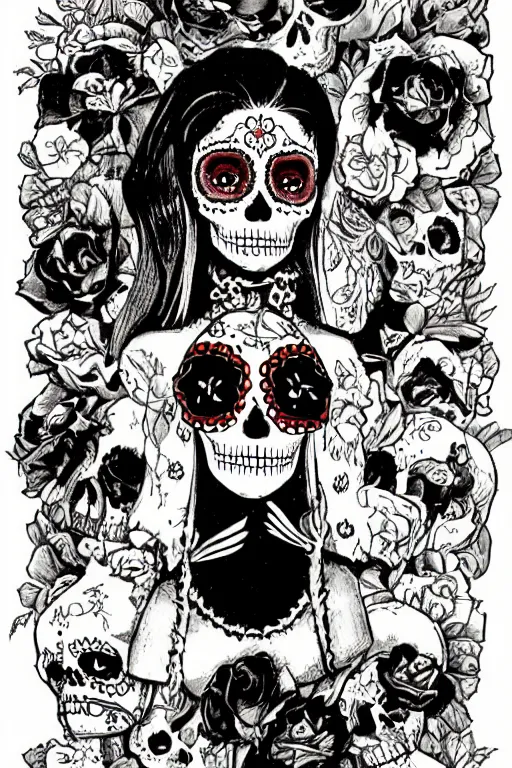 Image similar to Illustration of a sugar skull day of the dead girl, art by charles vess