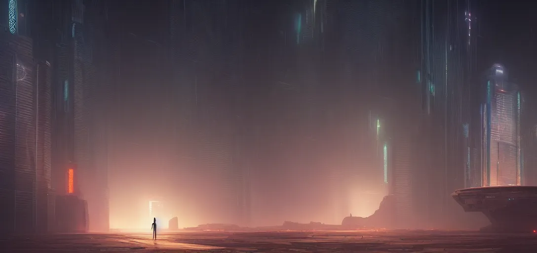 Image similar to view from the desert ground fire night stars of futuristic abandonded sparse mechanical blade runner cyberpunk architecture, light rays, symmetry, cinematic lighting, ultra detailed, sharp, ambient occlusion, bloom, raytracing, by greg rutowski, paul chadeisson and jessica rossier