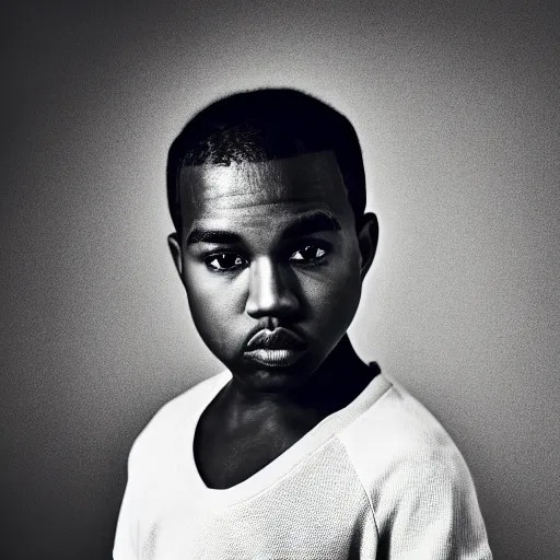 Image similar to the face of young kanye west wearing yeezy clothing at 1 3. 5 years old, black and white portrait by julia cameron, chiaroscuro lighting, shallow depth of field, 8 0 mm, f 1. 8