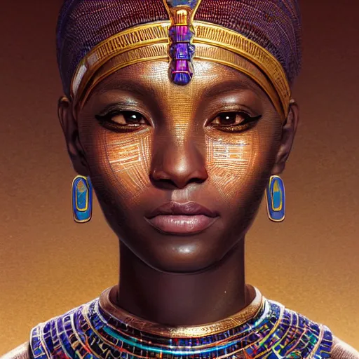 Image similar to highly detailed portrait of an african egyptian goddess, intricate alien technology, stephen bliss, unreal engine, fantasy art by greg rutkowski, loish, rhads, ferdinand knab, makoto shinkai and lois van baarle, ilya kuvshinov, rossdraws, tom bagshaw, global illumination, radiant light, detailed and intricate environment