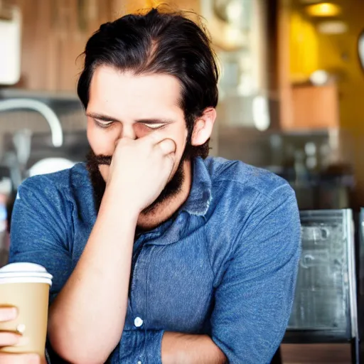 Prompt: man with long dark hair drunk with coffee who is sad because others are not boys