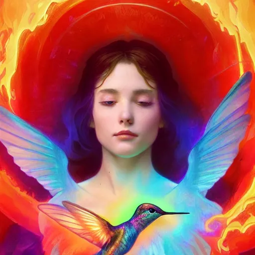 Image similar to a hummingbird made of colorful fire, art by artgerm and greg rutkowski and alphonse mucha, concept art, octane render, unreal engine 5, highly detailed, high quality, 8 k, soft lighting, realistic face, path traced