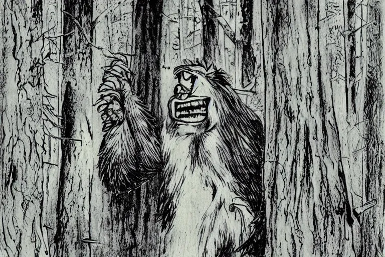 Image similar to mad bigfoot screaming in the woods artwork by ben templesmith