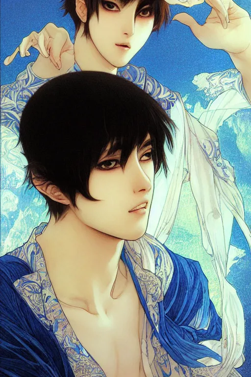 Image similar to beautiful medium shot manga portrait of young arabic man inspired by ayami kojima with short hair dressed with a white t - shirt, white background white bank studio light, art by yoshitaka amano, alfons mucha, hiroaki samura, jiro matsumoto and yusuke murata, sharp focus, high quality, 8 k