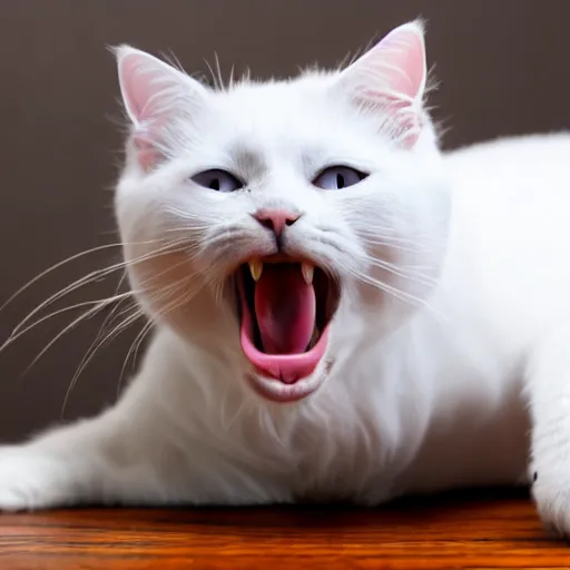Image similar to A photograph of a white cat with black fur around her eyes sticking tongue out, looking at camera, warm lighting, cute, playful