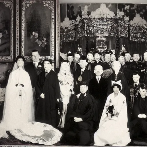 Prompt: A wide full shot, colored black and White Russian and Japanese mix historical fantasy a photograph portrait taken of inside a royal wedding shrine of the aisle, 1907 photo from the official wedding photographer for the royal wedding.