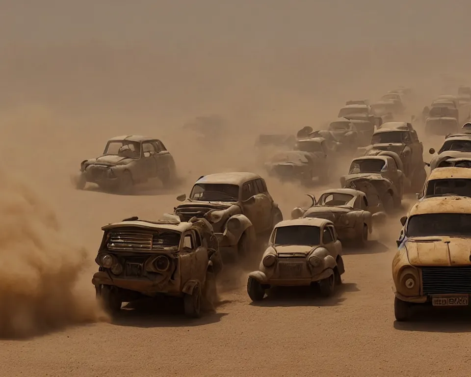 Prompt: epic sandstorm battle, Renault 4 Master cars in the Movie Mad Max: Fury Road (2015)