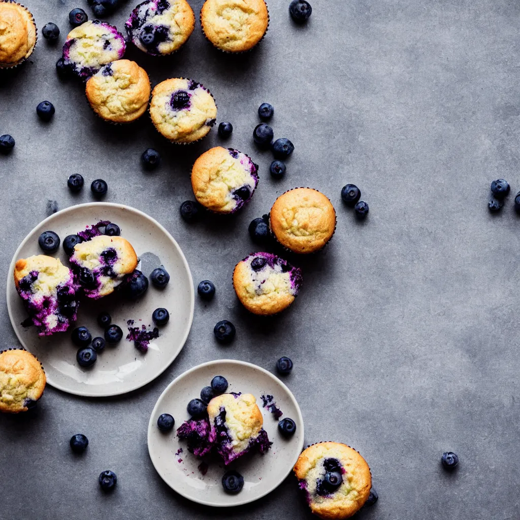 Prompt: a plate with blueberry cupcakes, dynamic lighting, bokeh, hyper realistic, award winning food photography