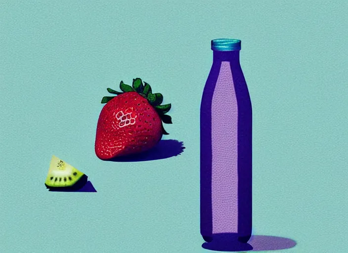 Prompt: ( ( dither ) ), editorial illustration strawberries blueberries sliced kiwi sliced lemon inside a clear drinking bottle, isometric, modern art deco, mads berg, karolis strautniekas, stippled light, fog, fine texture, dynamic composition, matte print, ( ( unreal engine ) )