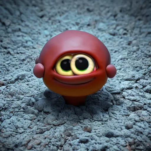 Image similar to photo of a comically tiny clay model of baby magma creature with a rocky body and large childlike eyes leans close to the camera, fish eye lens, 4 k, hyper realistic, hyper detailed face, octane render, comedic, cute