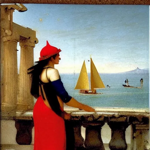 Prompt: A girl with jester hat and clothes on a greek circle archi on the front of a Balustrade with a beach and a sail boat on the background, night night night night night, major arcana cards, by paul delaroche and arnold böcklin hyperrealistic 8k, very detailed