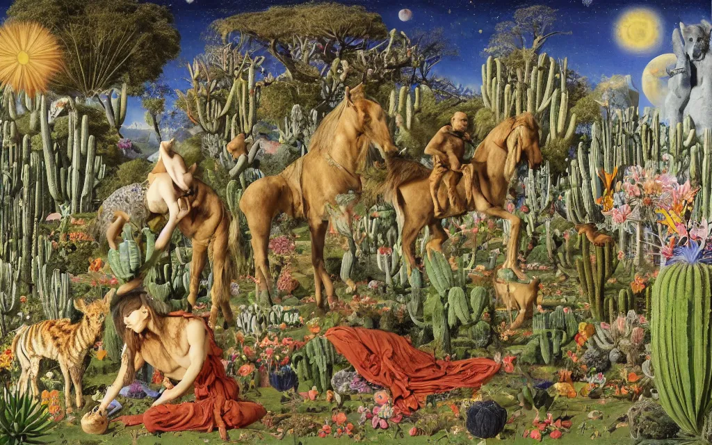 Prompt: photograph of a meditating centaur shaman and a striped werewolf feeding animals. surrounded by bulbous flowers, cacti, animals and a few trees. river delta with cliffs under a blue sky of burning stars. painted by jan van eyck, max ernst, ernst haeckel, ernst fuchs and artgerm. trending on artstation, trending on cgsociety