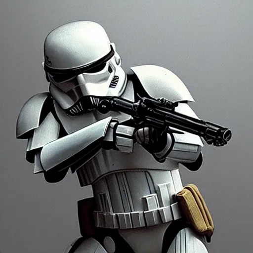 Image similar to an extremely long shot of an imperial stormtrooper in battle position ready to shoot his blaster concept art by Doug Chiang cinematic, realistic painting, high definition, very detailed, extremely high detail, photo realistic, concept art, the Mandalorian concept art style