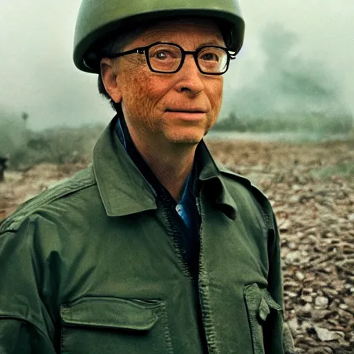 Image similar to bill gates as a north vietnamese war hero in a trench, violent, sharp focus, hyper realistic, sony 5 0 mm lens