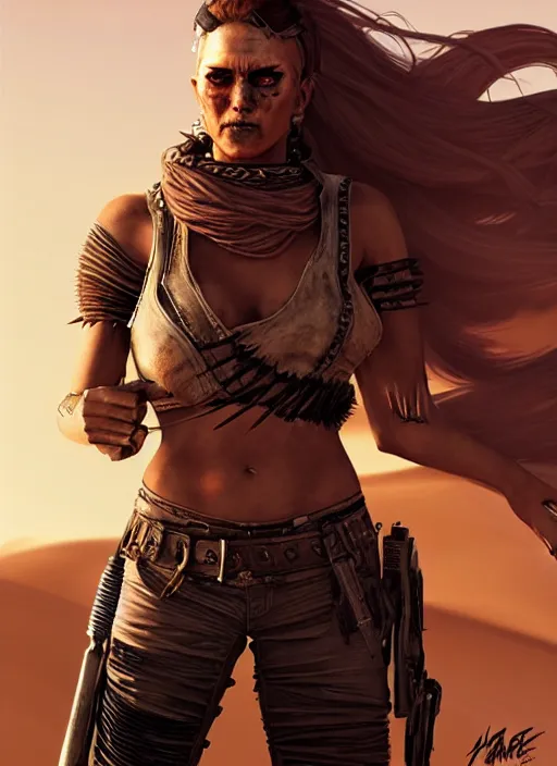 Image similar to mad max style warrior woman in desert _ unreal _ 5 _ daz. _ rpg _ portrait _ extremely _ detailed _ artgerm _ greg _ rutkowski _ greg