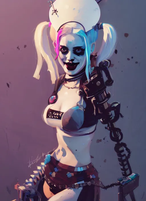 Prompt: portrait of cute goth harley quinn girl with crown of thorns in bikini armor, warhammer, cyberpunk, by atey ghailan, by greg rutkowski, by greg tocchini, by james gilleard, by joe gb fenton, by kaethe butcher, dynamic lighting, gradient light blue, brown, blonde cream and white color in scheme, grunge aesthetic