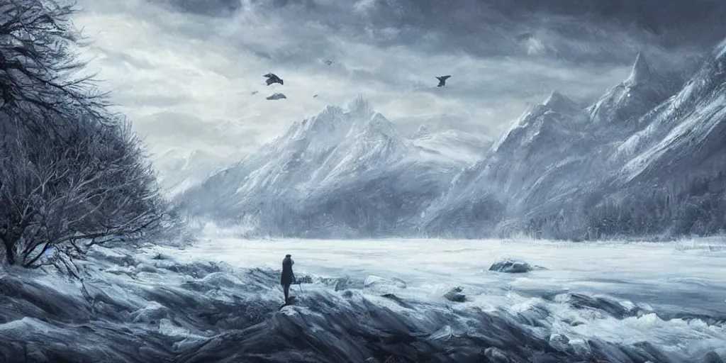 Prompt: A majestic landscape featuring a river, mountains and a forest. A small group of birds is flying in the sky. Harsh winter. very windy. There is a man walking in a deep snow. Cinematic, very beautiful, painting in the style of Lord of the rings