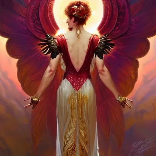 Image similar to a beautiful orchid phoenix angel woman, in an ornamented dress with large wings, rubies, volumetric light, god rays, highly detailed painting by greg rutkowski, artgerm, alphonse mucha