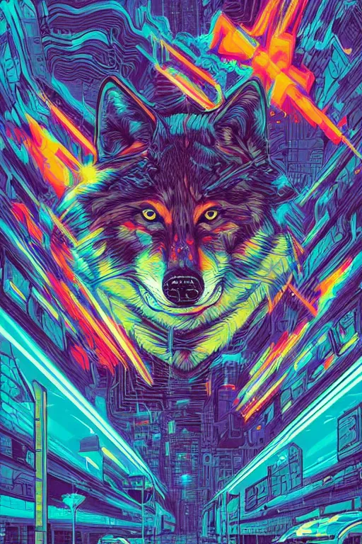 Image similar to a portrait of a wolf with thunders in the sky in a future cybernetic city, outrun style and colours, trending on arstation, by dan mumford, by ross tran