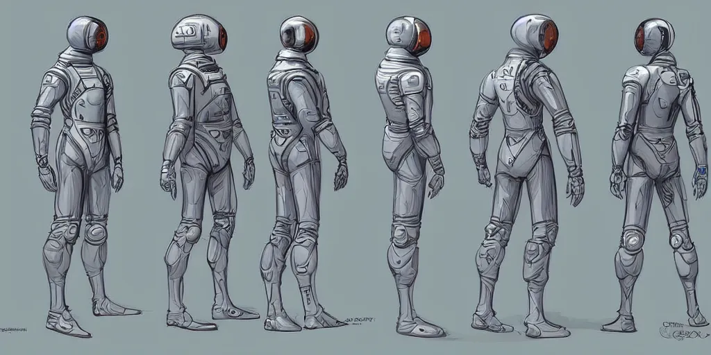 Prompt: male, space suit, character sheet, concept art, stylized, large shoulders, short torso, long thin legs, cartoon proportions, concept design, by jean giraud