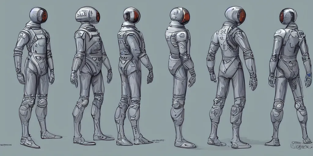 Image similar to male, space suit, character sheet, concept art, stylized, large shoulders, short torso, long thin legs, cartoon proportions, concept design, by jean giraud