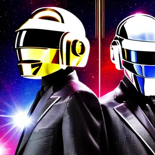 Image similar to Daft Punk duo near each other standing above a spaceship in space, realistic, high quality