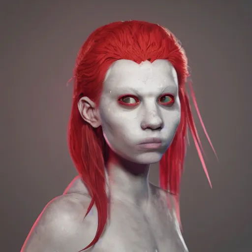 Image similar to albino girl in a ornated armor pagan facepaint, dynamic pose, detailed, photograph, award wining, red and white, trending on artstation, 4 k, unreal engine 5, octane render, neon highlights