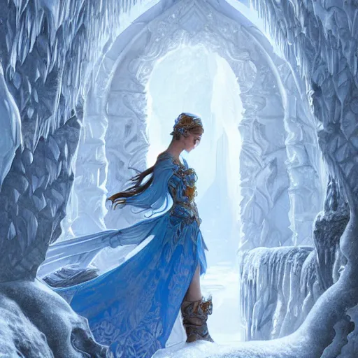 Image similar to ice princess standing in doorway to blue ice glacier fortress, fantasy, intricate, elegant, highly detailed, digital painting, artstation, concept art, matte, sharp focus, illustration, art by artgerm and greg rutkowski and alphonse mucha