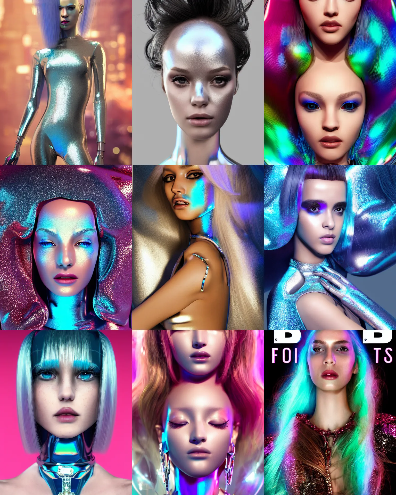 Prompt: BOTS magazine cover portrait :: of a cute gorgeous shiny pearlescent iridescent young woman cyborg on a crowded packed nyc sidewalk, high fashion photoshoot, elaborate hair worn up, intricate details, jewelry, chrome bodysuit, :: octane render, volumetric lighting, trending on artstation, anime girl, ue5, blender render, photoreal, sci-fi, science fiction, :: rossdraws, nixri, gui guimaraes, xa on the moon artstation, :: Madison beer, ::