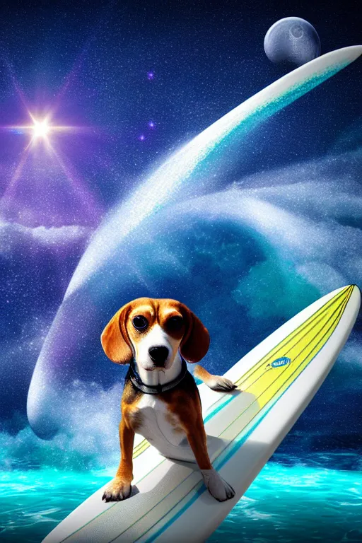 Prompt: beagle dog surfing a surfboard on a sparkly crashing wave of stardust in space, background is a moon in nebula, octane render, unreal engine, wide view, 8 k, highdetaild